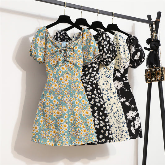 Summer Floral Print Chiffon Mini Dress - Women's Pleated Puffy Sleeve Casual Dress