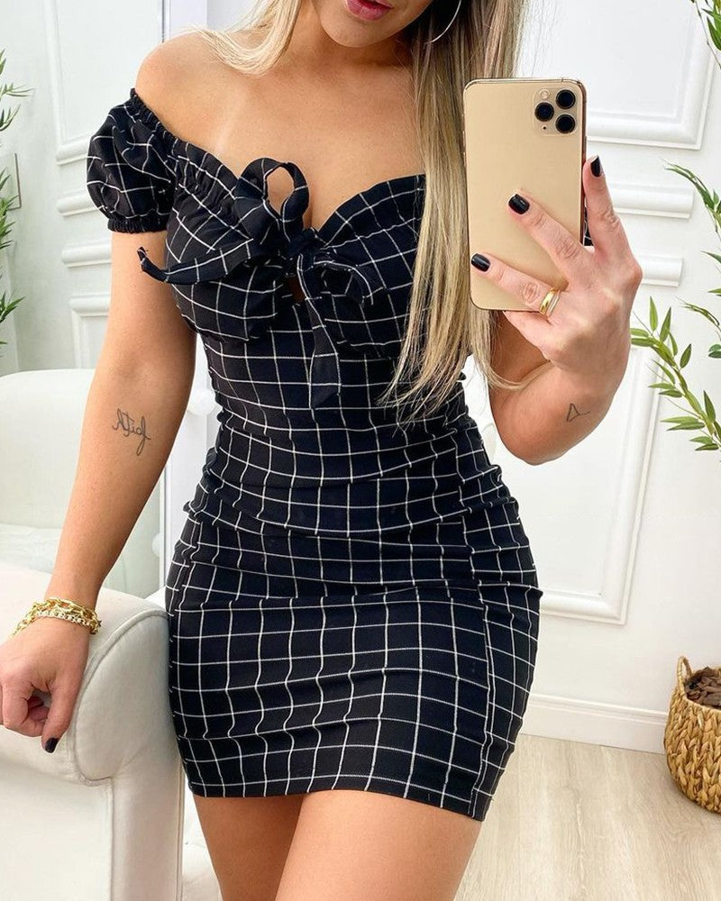 Summer Grid Print Bodycon Dress - Women's Cross Border Short Skirt