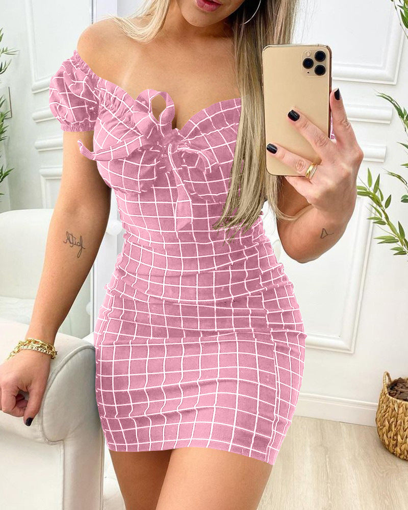 Summer Grid Print Bodycon Dress - Women's Cross Border Short Skirt